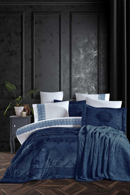 Пакет приданого 9 предметов (покрывало + набор пододеяльников) Свадебный темно-синий