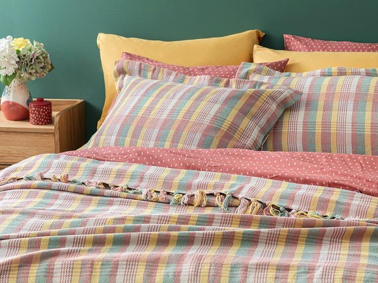 Комплект двуспального покрывала Madras Plaid Plaid 240X260 см, розовый - желтый