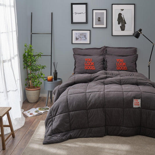 Karaca Home Motto Cotton Comfort Single Антрацитовый спальный комплект