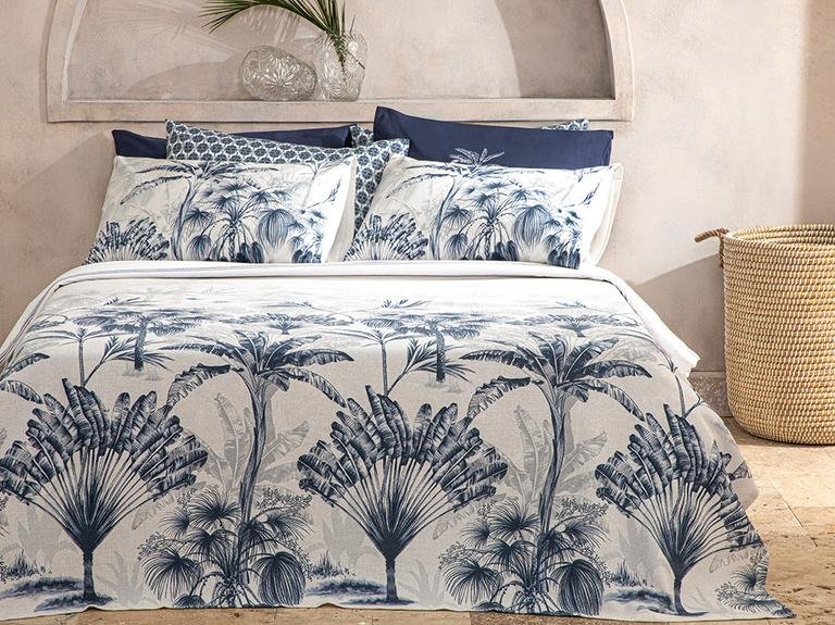 Набор из одинарного пике с принтом Palm Toile 150x220 см Индиго